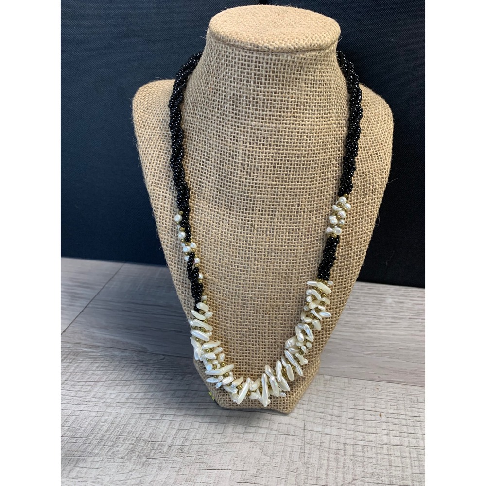 Vintage Black Seed Bead and White Rice Pearl Multi Strand Necklace 24 Inch